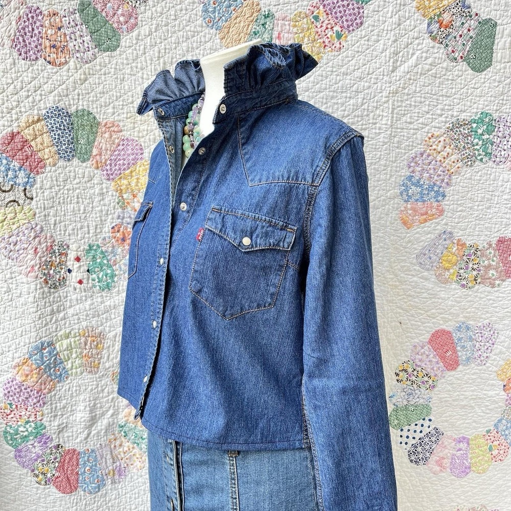 Upcycled Re-worked Levis Stretch Denim Snap Front Western Ruffle Collar Shirt M - Picture 4 of 10